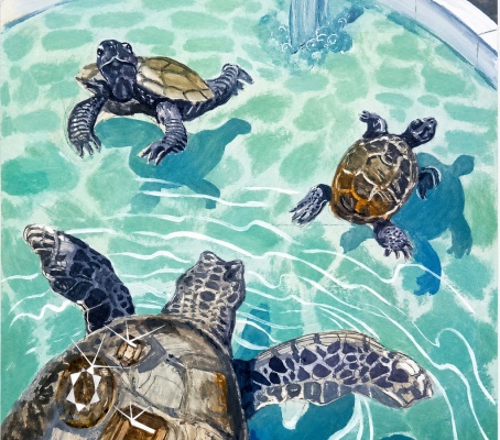 Las tortugas (de la serie Un paseo acuático), 2026, Marcel R. Juliana, 40 × 28 cm. — Imagen cortesía de la galería SENDA