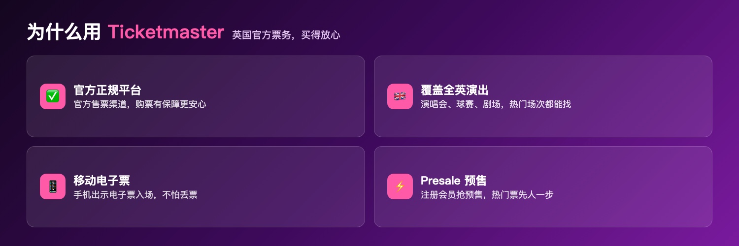 为什么用Ticketmaster:官方正规平台、覆盖全英演出、移动电子票、Presale预售