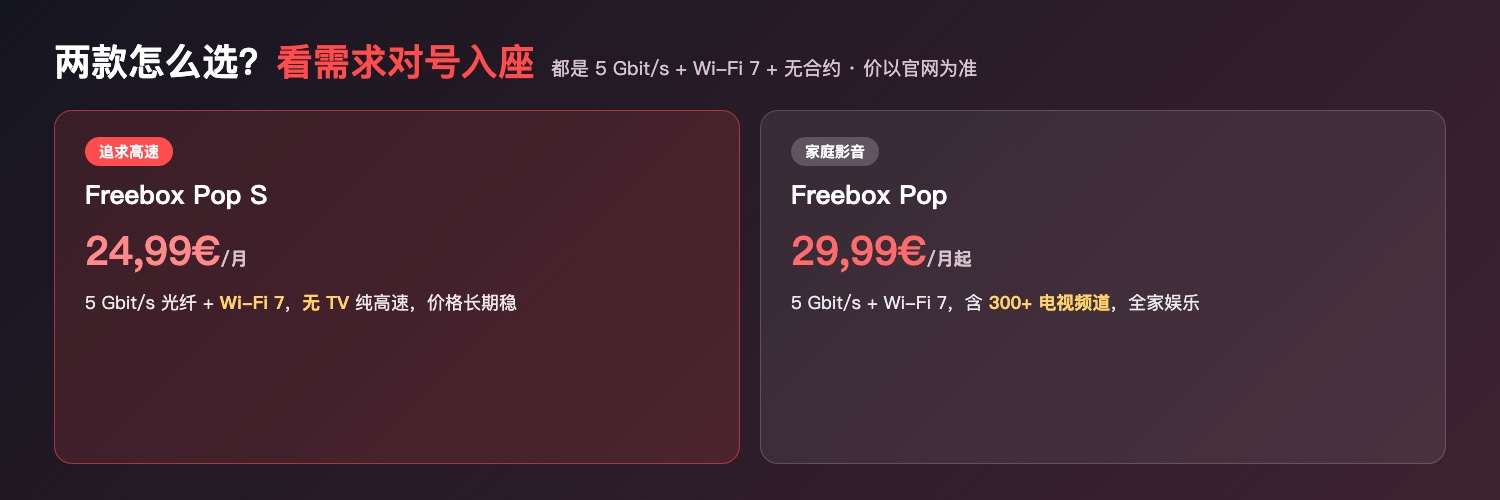 Freebox Pop S vs Pop：Pop S 24,99€高速无TV / Pop 29,99€含TV家庭
