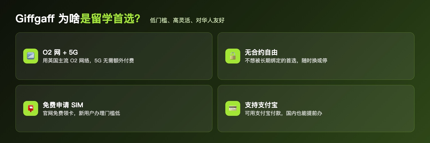 Giffgaff优势:O2网5G、无合约、免费申请SIM、支持支付宝