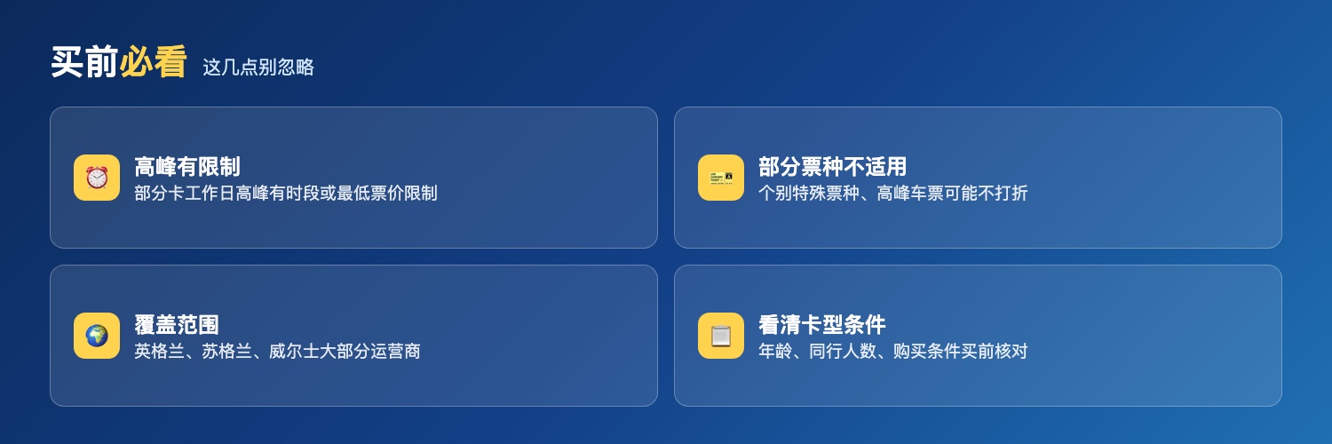 Railcard买前必看:高峰时段限制、部分票种不适用、覆盖英格兰苏格兰威尔士、看清卡型条件