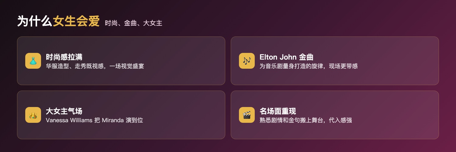 穿Prada的女王音乐剧为什么女生爱看：时尚元素华服造型、Elton John金曲现场、大女主Miranda气场、经典台词名场面
