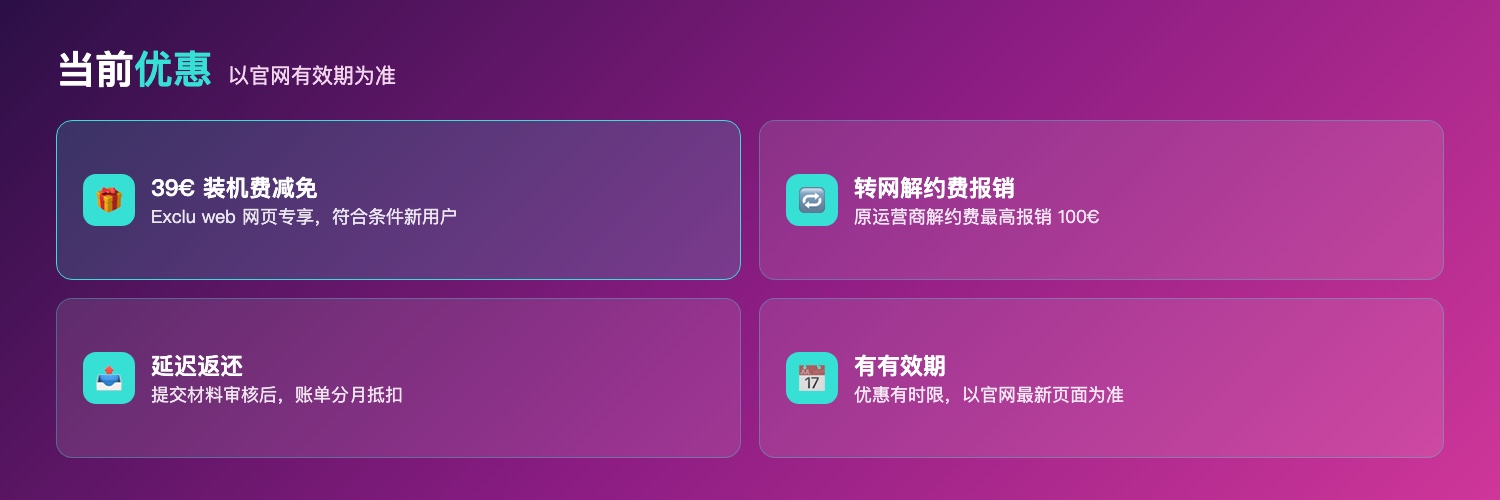Sosh光纤优惠说明：39欧装机费减免为网页专享当前活动、转入Sosh可申请原运营商解约费最高100欧报销、报销为延迟返还需提交材料审核后账单分月抵扣、优惠有有效期以官网最新为准