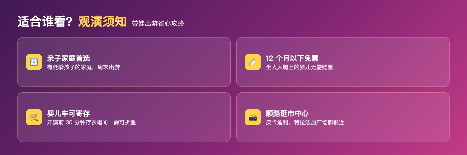 小猪佩奇适合人群与观演须知：亲子家庭首选、12个月以下坐大人腿上免票、婴儿车开演前30分钟可存衣帽间需可折叠、顺路逛皮卡迪利特拉法加广场