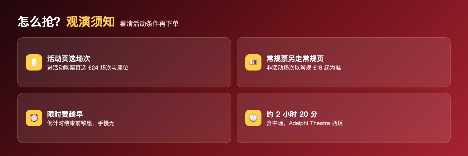 间谍喜剧怎么抢票与观演须知：活动购票页选£24场次与座位、常规场次以常规£18起为准、限时活动结束前锁座、约2小时20分含中场Adelphi Theatre