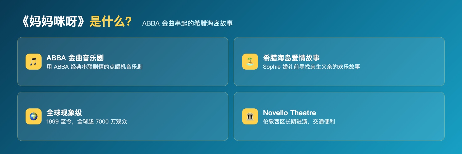 妈妈咪呀音乐剧是什么：ABBA金曲串联的点唱机音乐剧、希腊海岛Sophie婚礼前找亲生父亲的欢乐故事、Novello Theatre驻演、1999年至今全球现象级