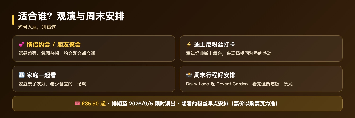 迪士尼大力士音乐剧适合谁与观演安排：情侣约会朋友聚会、迪士尼粉丝打卡、适合家庭亲子、Theatre Royal Drury Lane近Covent Garden方便安排周末行程