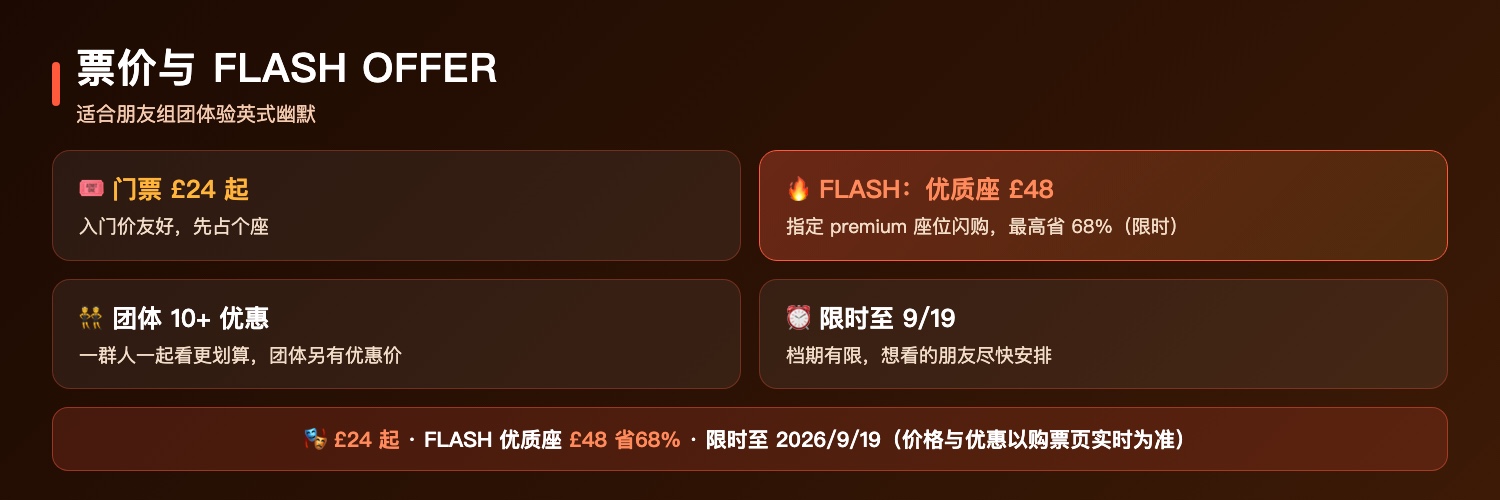阿比盖尔的派对票价与优惠：门票24英镑起、FLASH OFFER优质座位48英镑最高省68%、团体10人以上优惠、限时至2026年9月19日适合朋友组团