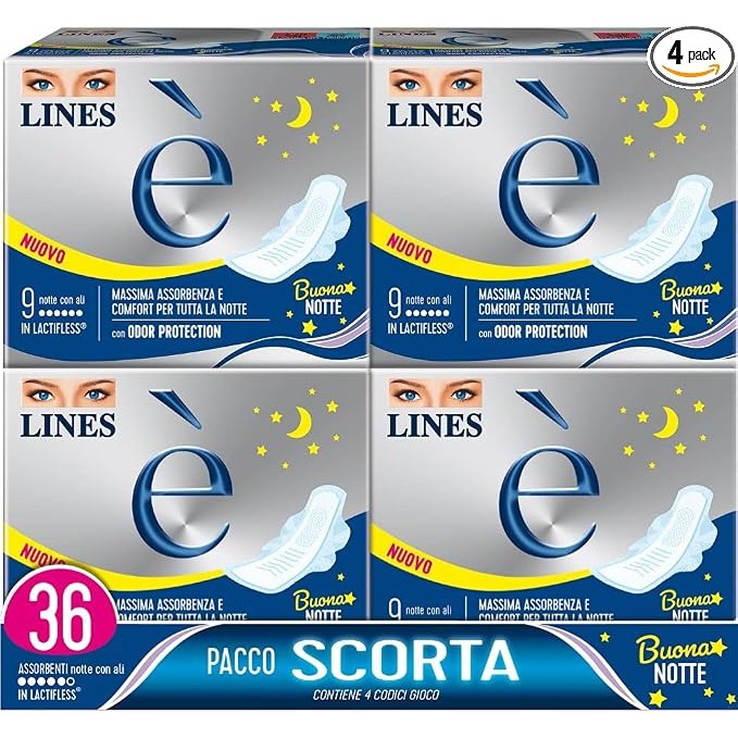 Lines È Notte夜用卫生巾8€🌙带护翼设计，36片装，适合经期夜间使用