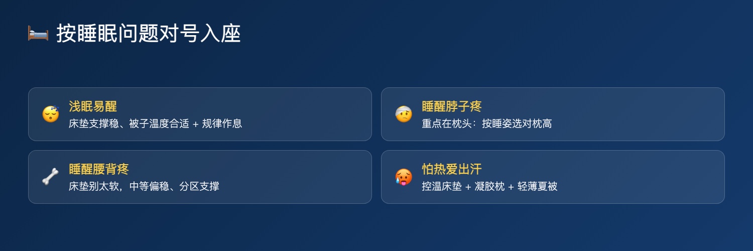 按睡眠问题选 Emma 床品：浅眠、颈肩疼、腰背疼、怕热
