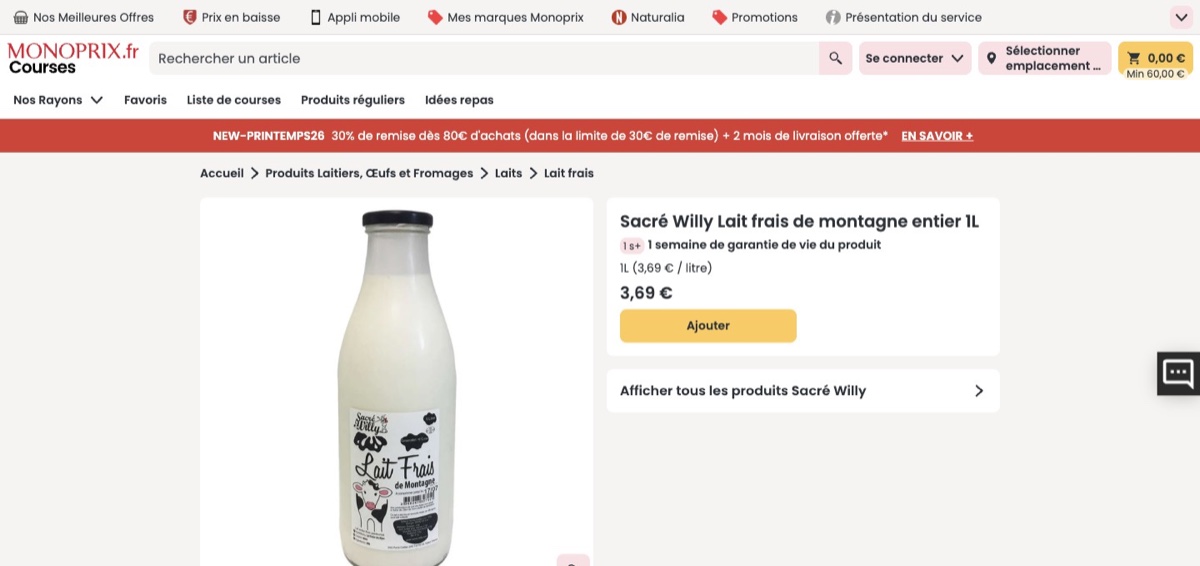 Monoprix 牛奶产品页