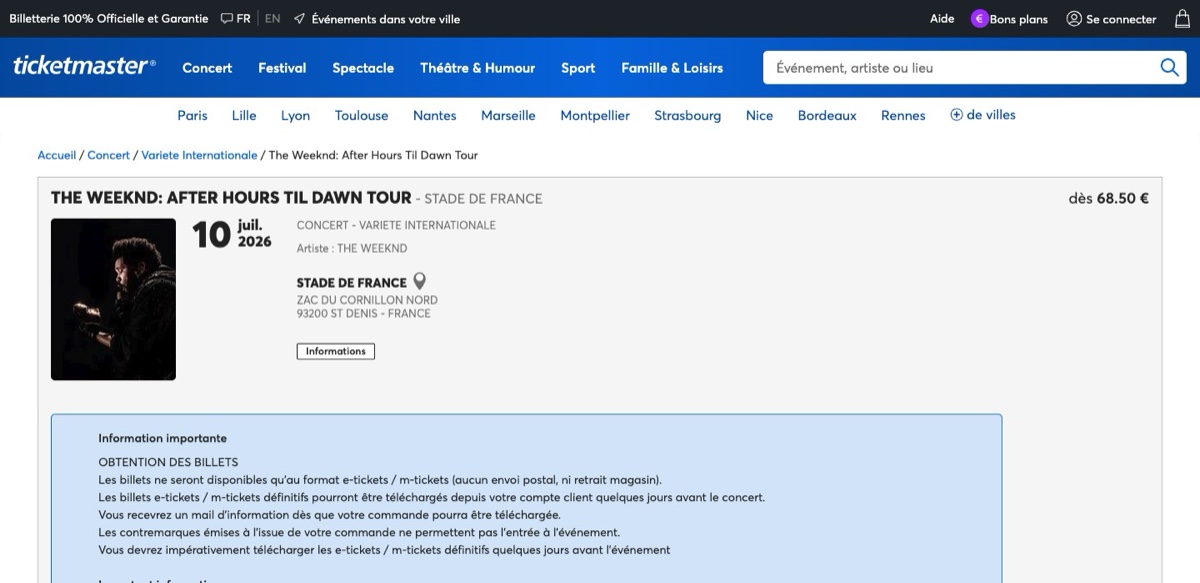 Ticketmaster The Weeknd 官方售票页