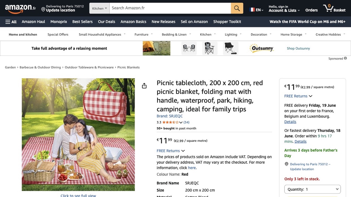 Amazon 上的防水野餐垫（导购截图）