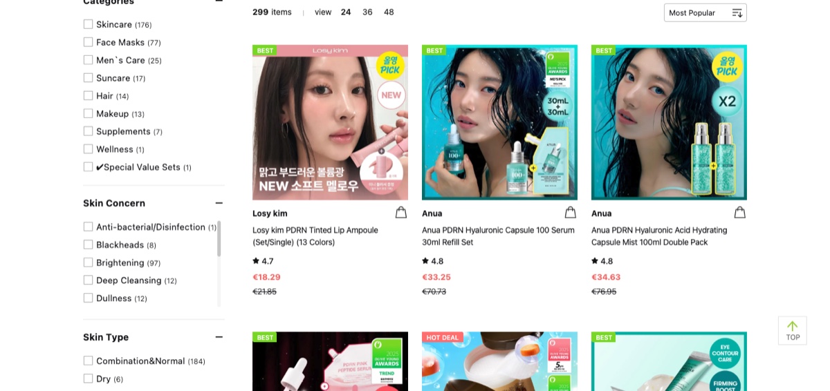Olive Young Global 搜索 PDRN 的结果页