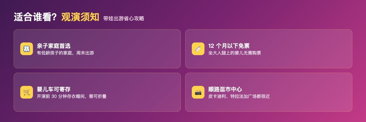 小猪佩奇适合人群与观演须知:亲子家庭首选、12个月以下坐大人腿上免票、婴儿车开演前30分钟可存衣帽间需可折叠、顺路逛皮卡迪利特拉法加广场