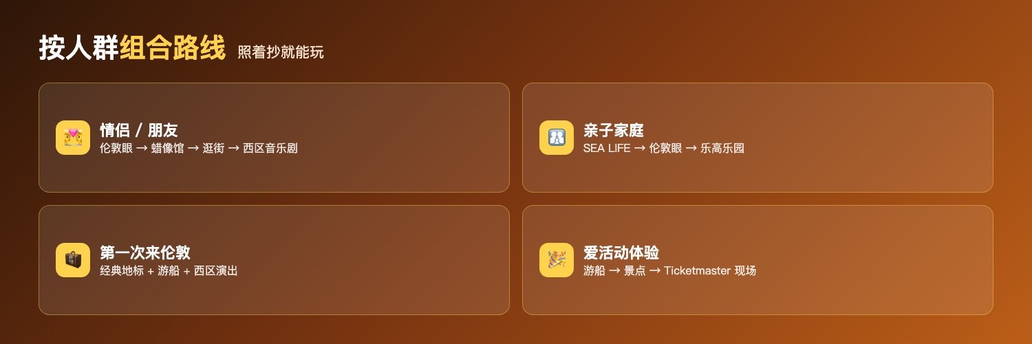 秋季伦敦按人群组合路线:情侣朋友伦敦眼加蜡像馆加逛街加西区音乐剧、亲子家庭SEA LIFE加伦敦眼加乐高乐园、第一次来伦敦经典地标加游船加西区演出、爱活动体验游船加景点加Ticketmaster现场