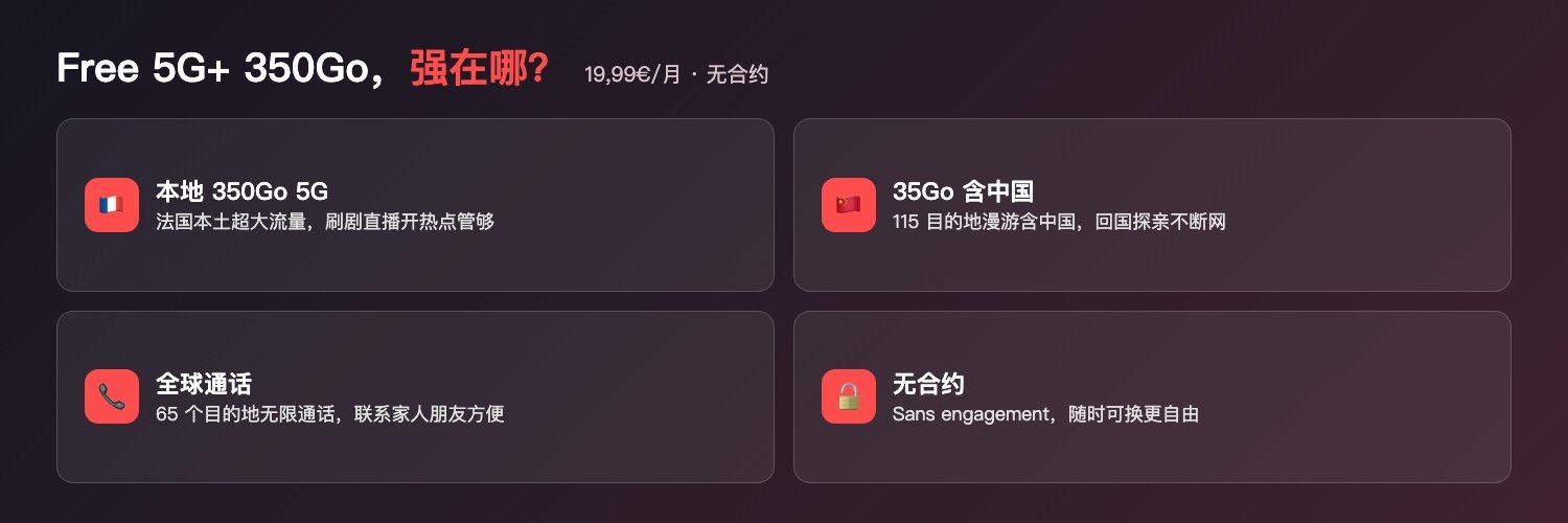 Free 350Go卖点:本地350Go 5G、35Go含中国、全球通话65国、无合约