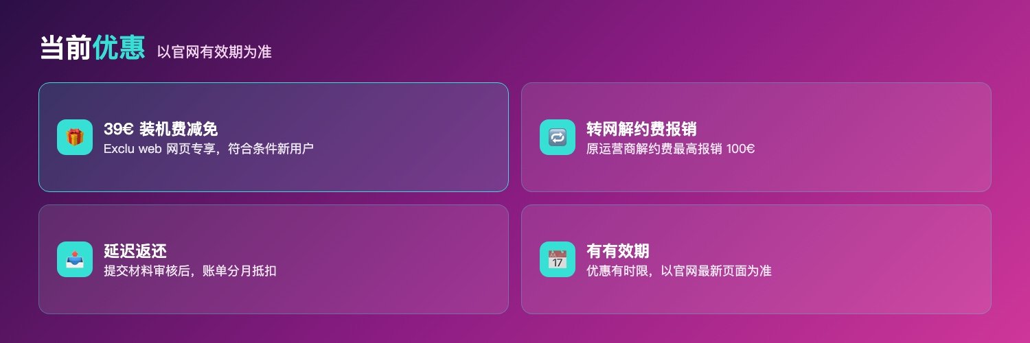 Sosh光纤优惠说明:39欧装机费减免为网页专享当前活动、转入Sosh可申请原运营商解约费最高100欧报销、报销为延迟返还需提交材料审核后账单分月抵扣、优惠有有效期以官网最新为准