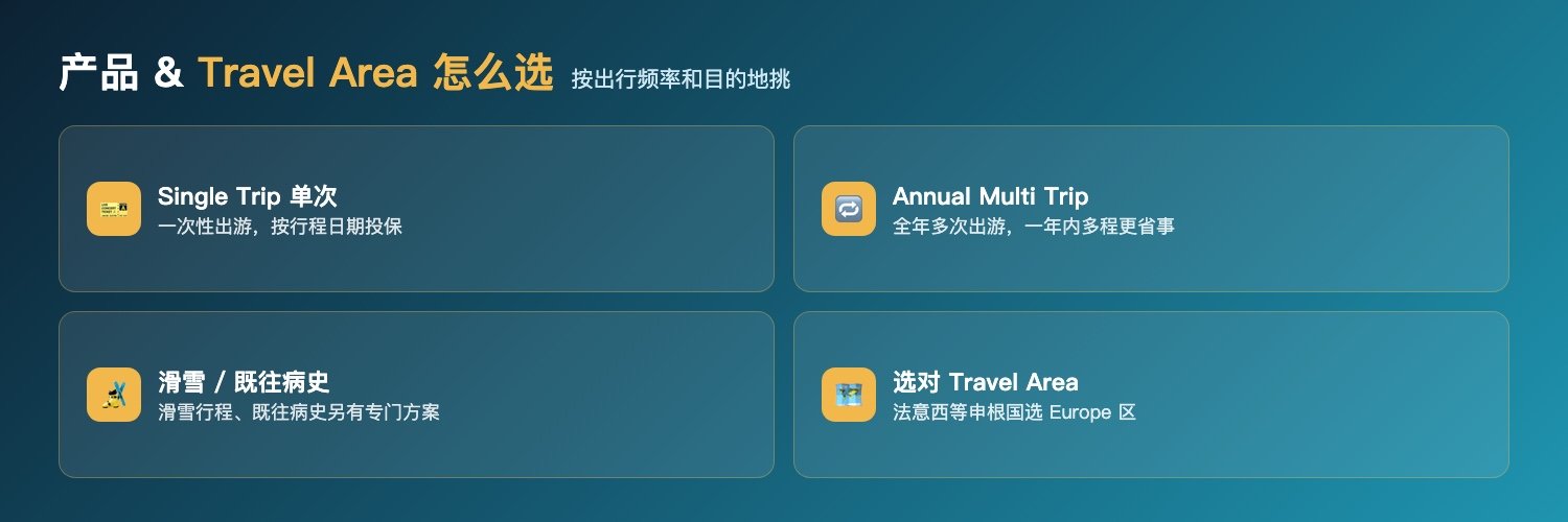 Coverwise产品与Travel Area怎么选:Single Trip单次按行程投保、Annual Multi Trip全年多次一年多程更省事、滑雪与既往病史另有专门方案、法意西等申根国选Europe区