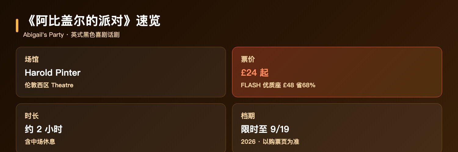 阿比盖尔的派对速览:Harold Pinter Theatre伦敦西区、门票24英镑起、FLASH优质座位48英镑最高省68%、时长约2小时、限时至2026年9月19日