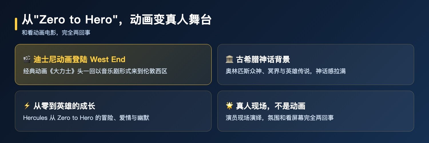 迪士尼大力士音乐剧差异化卖点：迪士尼经典动画登陆West End、古希腊神话背景、从零到英雄的成长冒险、真人现场演绎非动画