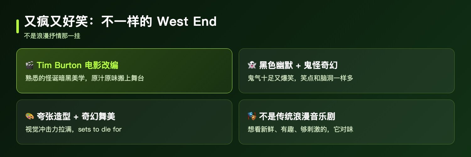阴间大法师音乐剧差异化卖点：Tim Burton经典电影改编、黑色幽默加鬼怪奇幻、夸张造型与奇幻舞美、非传统浪漫音乐剧