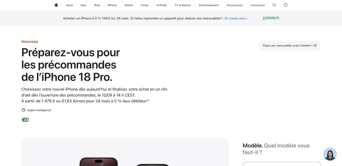 苹果法国官网 iPhone 18 Pro 预购页面