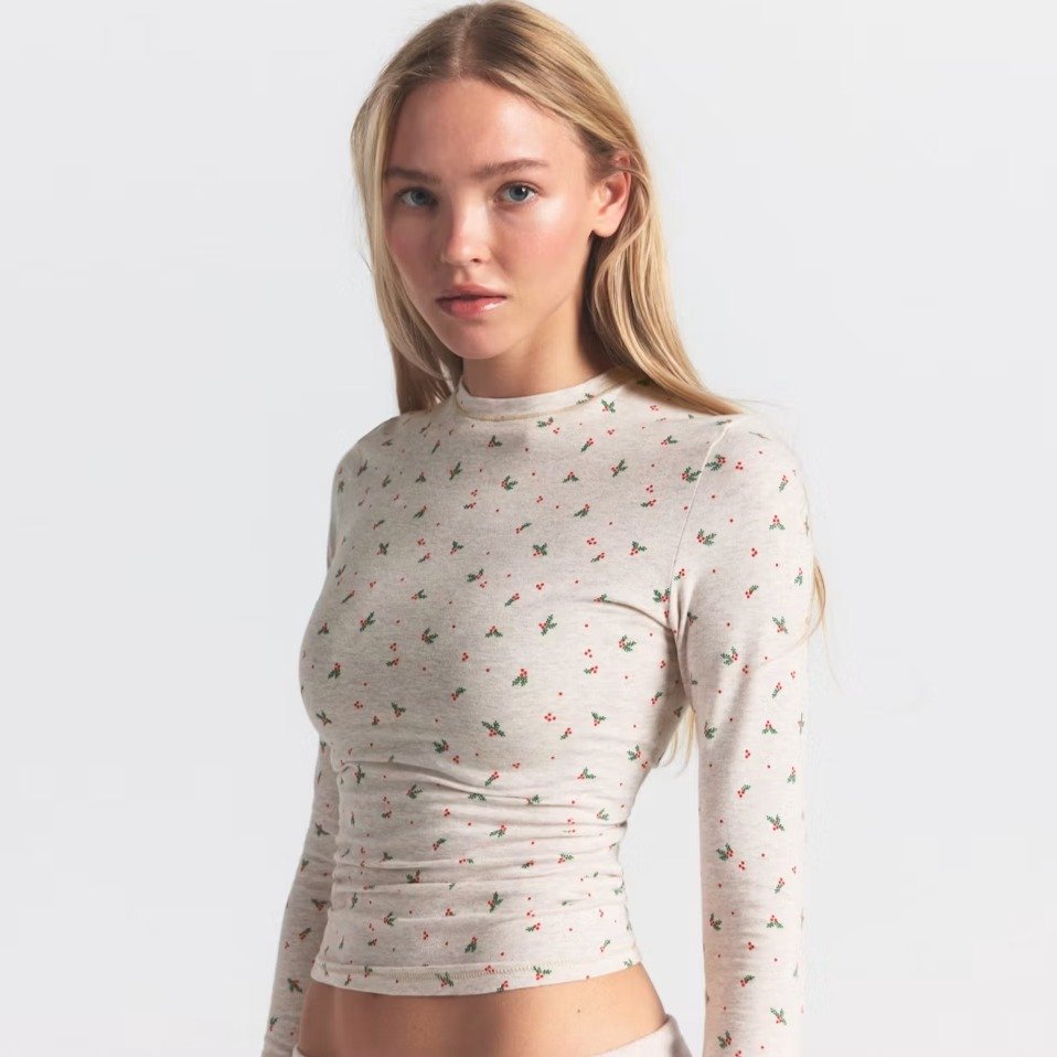 SKIMS Cotton Jersey 长袖 T 恤 · 燕麦印花