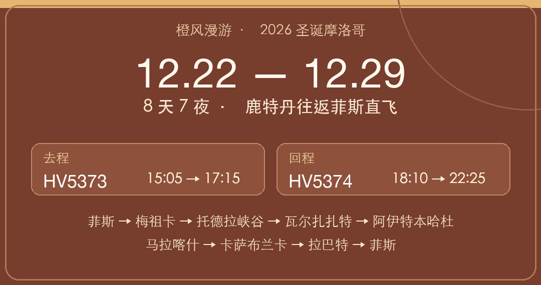 2026 圣诞摩洛哥行程与航班信息卡